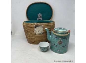 Chinese Decorated Aqua Teapot And Cup In Basket