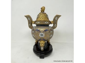 Chinese Incense Burner With High Relief And Cloisonne On Stand