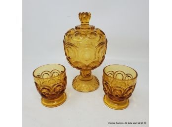 Footed Candy Jar With Lid And Two (2) Matching Glasses