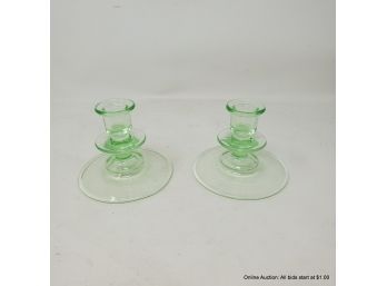 Pair Of Green Uranium Glass Candlestick Holders