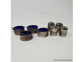 Lot Of Silver Plate Salt Cellars And Shakers With Cobalt Liners