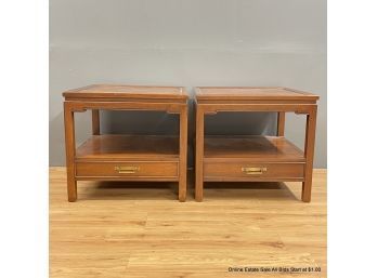 Pair Of Hekman Square End Tables With Drawer And Brass Hardware