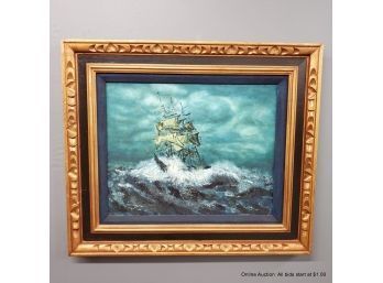 Mid Century Acrylic On Canvas Panel Of Tall Ship Asea Frame Size 28' X 24'
