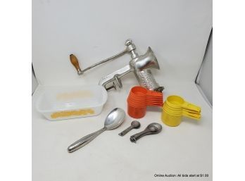 Lot Of Hand-Crank Meat Grinder And Other Assorted Kitchen Tools
