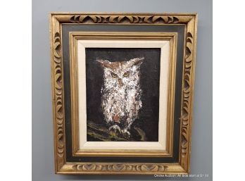Mid Century Oil On Canvas Panel Of Owl  Frame Size 22' X 19'