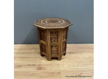 Ornate Carved Teak Accent Table With Inlay, Made In India