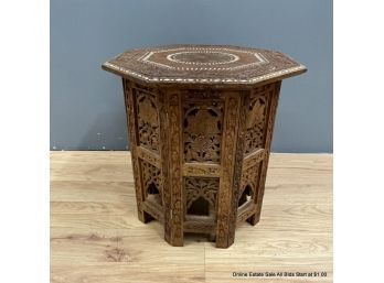 Ornate Carved Teak Accent Table With Inlay, Made In India