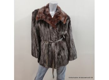 Two Tone Mink Fur Coat With Leather Accents And Belt