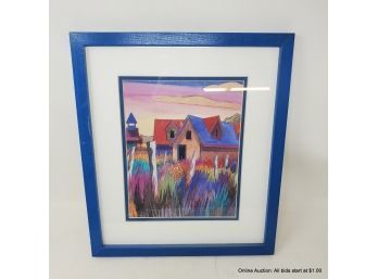 Offset Lithograph Of Country House In Bright Colors Framed 13' X 15'