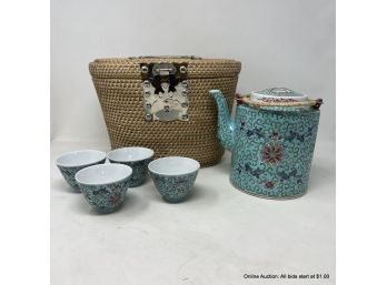 Chinese Decorated Aqua Floral Teapot And Four (4) Cups In A Basket
