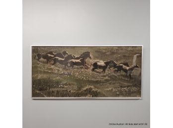 Gouache On Paper Judy D. Treman 1974  Herd Running In Silver Frame 17.5' X 36'