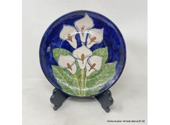 Terra Cotta Painted Calla Lily Signed TMR Decorative Plate With Stand