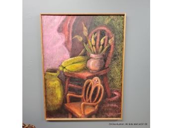 Jerri Gomberg Acrylic On Panel 1966 Still Life Of Chairs  Wood Frame Size 33' X 24.5'