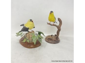 Two (2) American Goldfinch Resin Statues On Stand