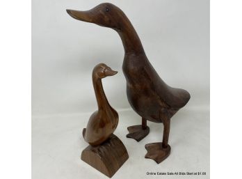 Two (2) Carved Wood Birds, Duck And Goose