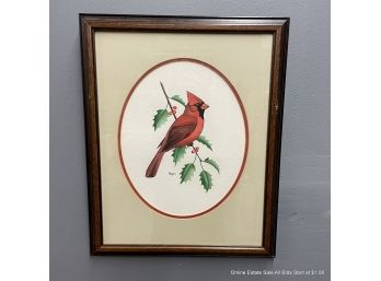 Watercolor Cardinal On Holly Signed 'hagen'