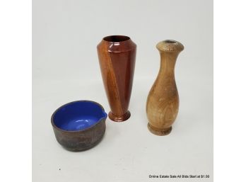 Steel Enameled Vessel, Paul Crabtree Wood Carved Vase, And Myrtle Wood Vase With Glass Liner