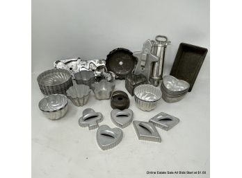 Lot Of Miscellaneous Cookie Cutters, Small Baking Tins, And Press