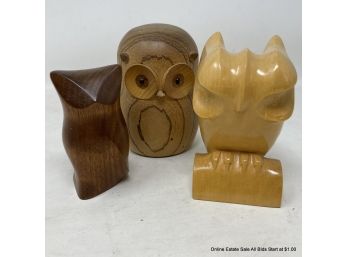 Three (3) Mid Century Carved Wood Owls Signed