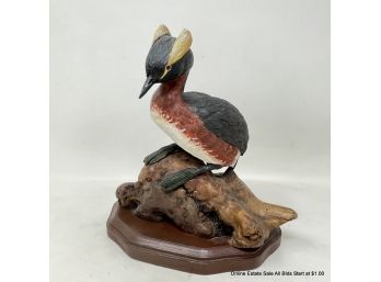 Carved Wood Horned Grebe Bird On Wood Stand By Joseph Mann