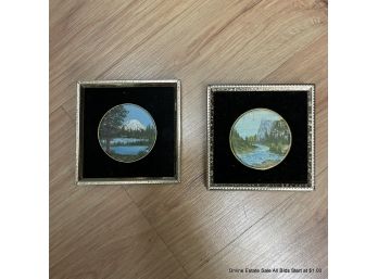 Pair Larry Pratt Miniature Landscape Paintings On 'buttons' Lassen And Northwest Scenes