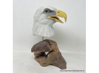 Carved Wood Eagles Head On Wood Stand By Doug Harrison