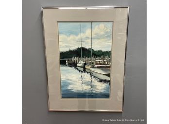 'Resting Quietly' Watercolor On Paper Bernie Slice 1981 Boats In Harbor