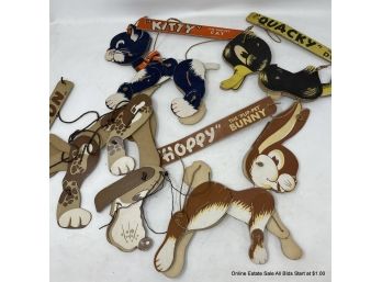 Four (4) Vintage 1950s 'Pup-Pet' Marionette Puppet Toys Bunny, Dog, Duck And Cat