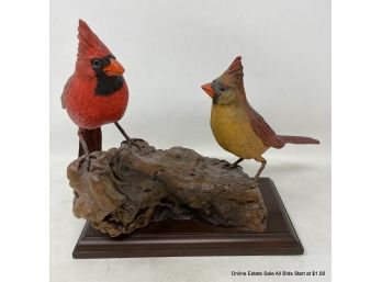 JG Mann Wood Carved Cardinals On Burled Wood Signed