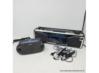 GE Tape Deck AM/FM Boombox, Timex Alarm Clock And Two Plug In Microphones