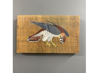 'Sparrow Hawk' Painting On Barn Wood Signed 'H. Laiton' (?)