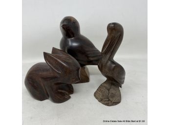 Three (3) Ironwood Animal Rabbit, Pelican, Bird Statues