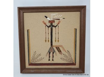 Framed Navajo Sand Art Painting By Edward Curtis Signed And Inscribed On Back