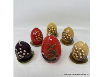 Six (6) Vintage Egg Shaped Candles With Five (5) MCM Stands