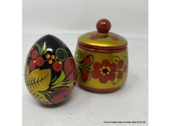 Folk Art Painted Egg And Small Canister