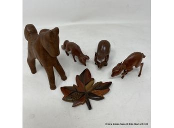 Lot Of Carved Wood Critters And A Leaf