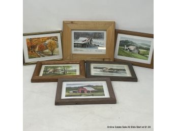 Six (6) Michael Rogers 1980 Framed Watercolor On Paper Landscape And Barn Paintings