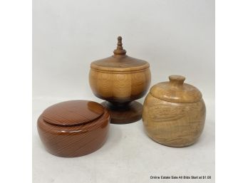 Three (3) Handcrafted Lidded Wood Round Boxes