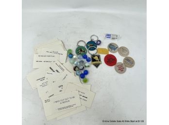 Lot Of Misc. Marbles, Tokens, Keychains And Cards