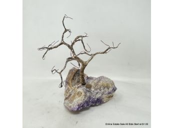 Amethyst Rock Base & Brass Tree  7.5' Tall Signed ABBE