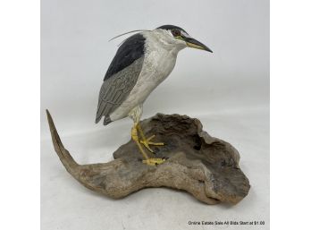 Carved Wood Black-crowned Night Heron On Wood Base Signed Bill & Grace White 1987