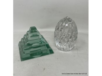 Two Glass Paperweights Egg Shaped And Pyramid Shaped