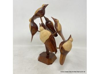 Six (6) Carved Wood Birds On A Branch