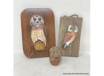 Lot Of Owl Wall Art And Glass Paperweight