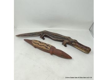 Ceramic Aboriginal Crocodile And A Carved Wood Crocodile