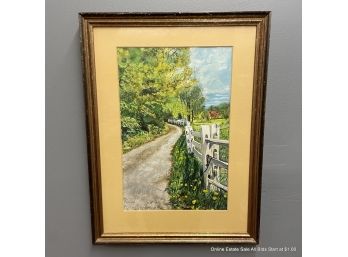 Vintage Watercolor Or Gouache On Paper Of A Country Lane