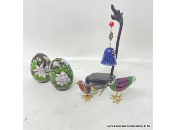 Lot Of Cloisonne Eggs, Birds And A Bell On A Stand