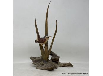 Carved Wood Wren On Grass And Wood Base Signed Bill& Grace White 1980