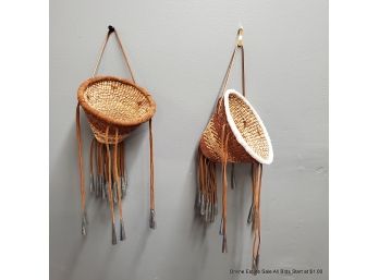 Pair Of Leather And Natural Fiber Baskets With Tin Aglets