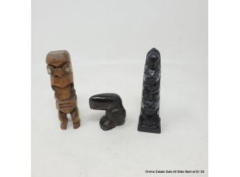 Cast Argillite Totem, Jet Toucan Fetish And Wood Tiki With Mother Of Pearl Eyes